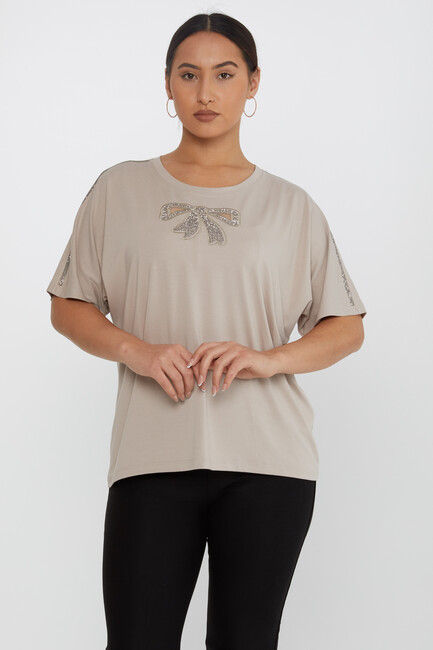 Women's Blouse Bow Pattern Embroidered Stoned Mink - 79892 | KAZEE - Thumbnail