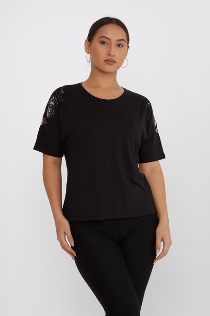 Women's Blouse Tulle Butterfly Stone Detail Black - 79613 | KAZEE - Thumbnail