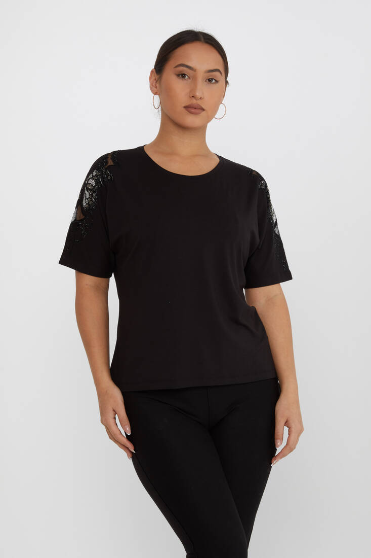 Women's Blouse Tulle Butterfly Stone Detail Black - 79613 | KAZEE