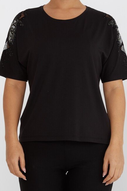 Women's Blouse Tulle Butterfly Stone Detail Black - 79613 | KAZEE - Thumbnail