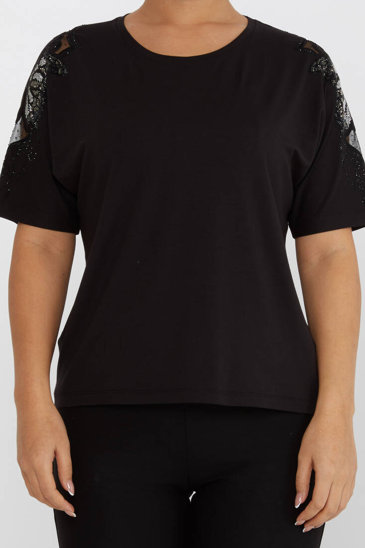 Women's Blouse Tulle Butterfly Stone Detail Black - 79613 | KAZEE