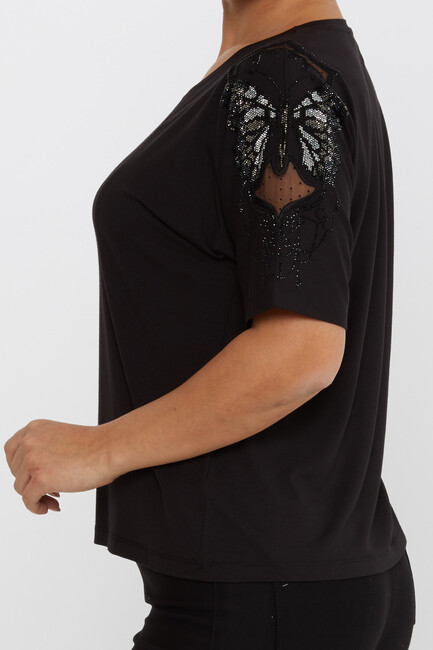 Women's Blouse Tulle Butterfly Stone Detail Black - 79613 | KAZEE - Thumbnail