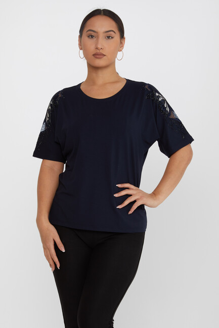 Women's Blouse Tulle Butterfly Stone Detail Navy Blue - 79613 | KAZEE - Thumbnail