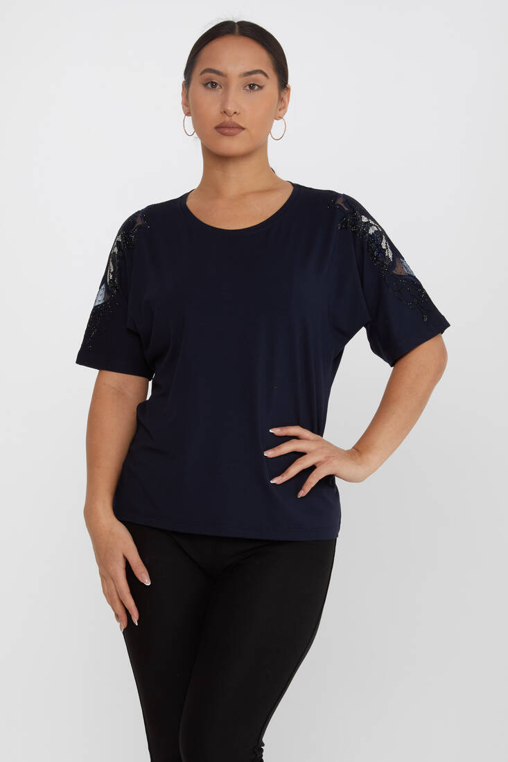 Women's Blouse Tulle Butterfly Stone Detail Navy Blue - 79613 | KAZEE