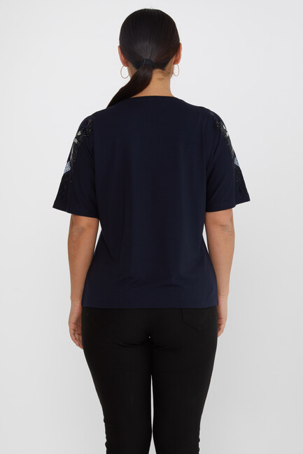 Women's Blouse Tulle Butterfly Stone Detail Navy Blue - 79613 | KAZEE - Thumbnail