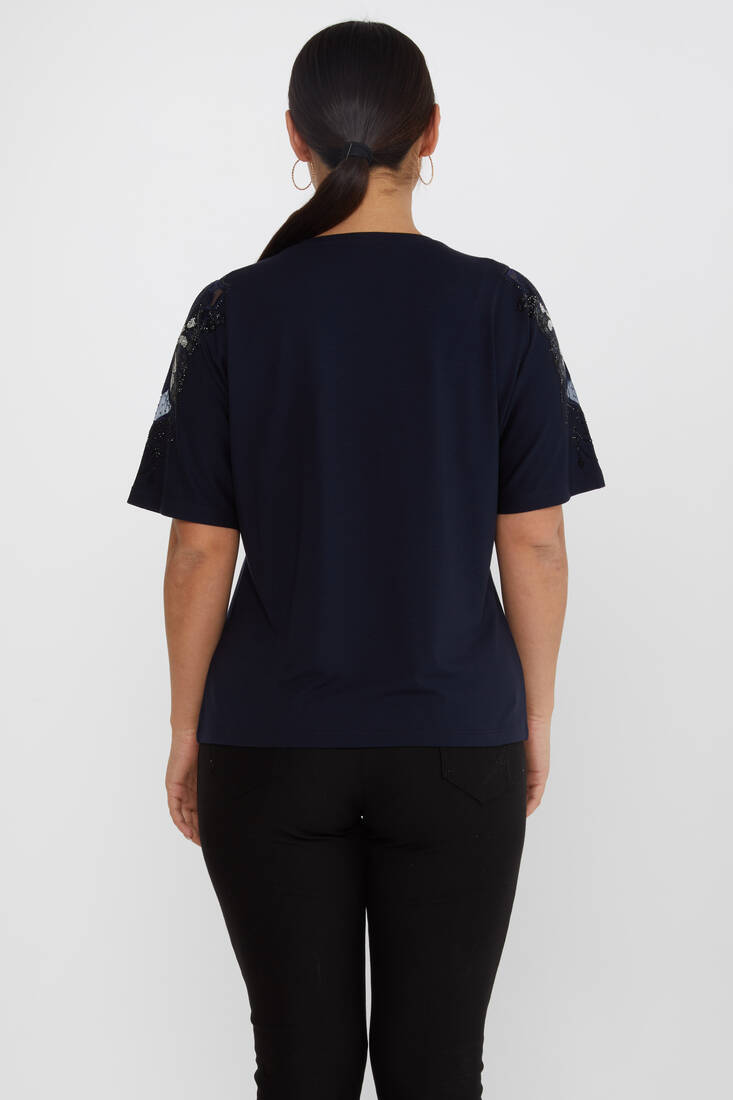 Women's Blouse Tulle Butterfly Stone Detail Navy Blue - 79613 | KAZEE