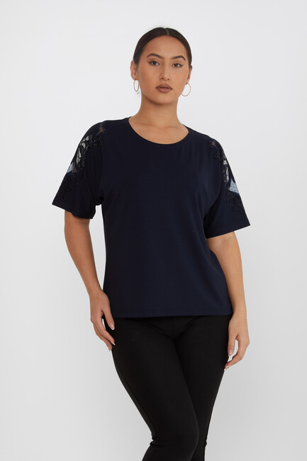 Women's Blouse Tulle Butterfly Stone Detail Navy Blue - 79613 | KAZEE - Thumbnail