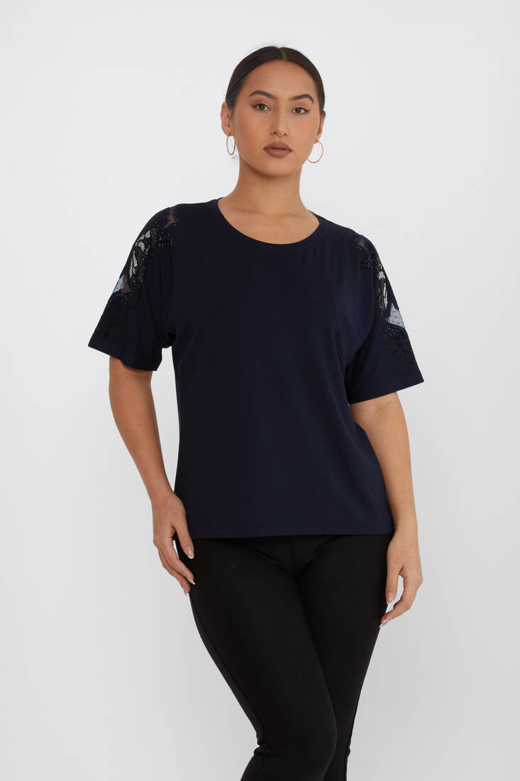 Women's Blouse Tulle Butterfly Stone Detail Navy Blue - 79613 | KAZEE