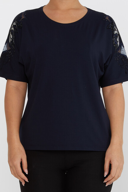 Women's Blouse Tulle Butterfly Stone Detail Navy Blue - 79613 | KAZEE - Thumbnail