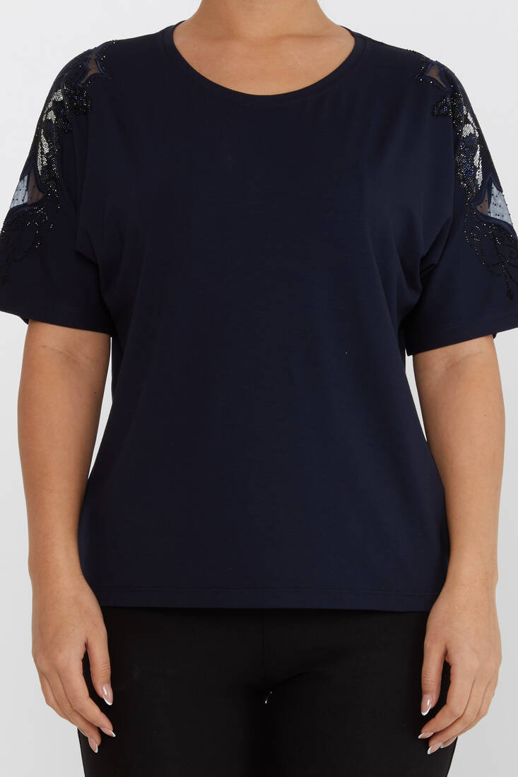 Women's Blouse Tulle Butterfly Stone Detail Navy Blue - 79613 | KAZEE