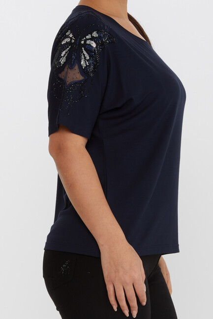 Women's Blouse Tulle Butterfly Stone Detail Navy Blue - 79613 | KAZEE - Thumbnail