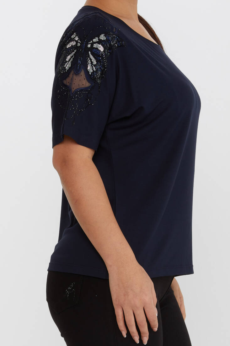 Women's Blouse Tulle Butterfly Stone Detail Navy Blue - 79613 | KAZEE