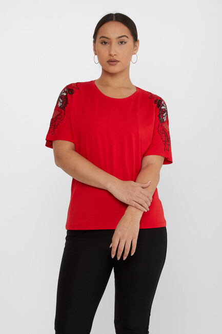 Women's Blouse Tulle Butterfly Stone Detail Red - 79613 | KAZEE - Thumbnail