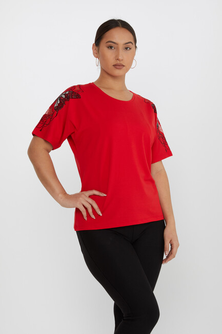 Women's Blouse Tulle Butterfly Stone Detail Red - 79613 | KAZEE - Thumbnail