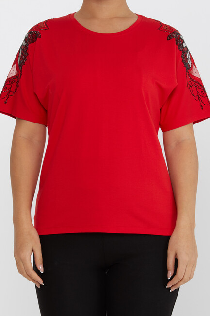 Women's Blouse Tulle Butterfly Stone Detail Red - 79613 | KAZEE - Thumbnail