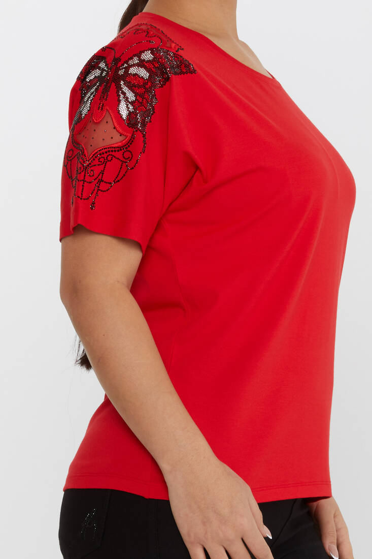 Women's Blouse Tulle Butterfly Stone Detail Red - 79613 | KAZEE