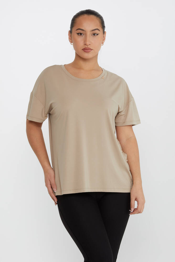 Women's Blouse Button Detailed Crew Neck Beige - 79998 | KAZEE