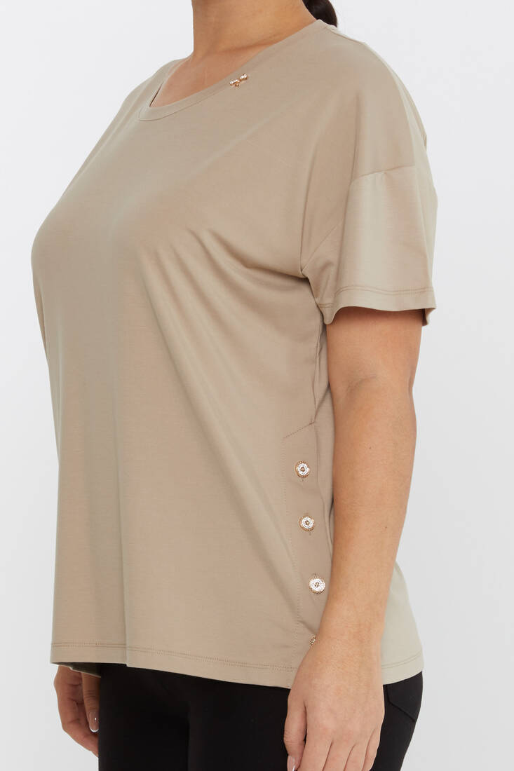 Women's Blouse Button Detailed Crew Neck Beige - 79998 | KAZEE