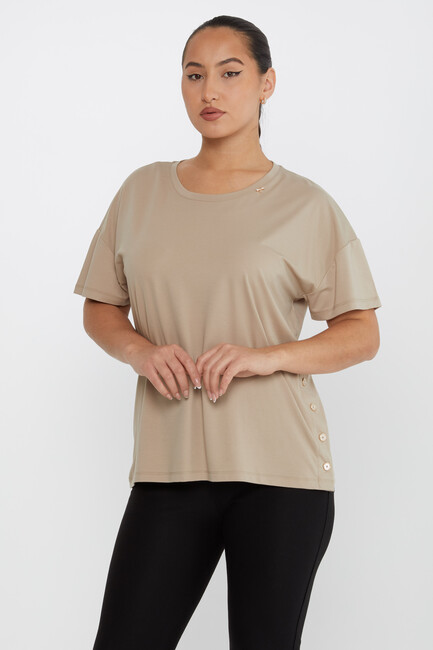 Women's Blouse Button Detailed Crew Neck Beige - 79998 | KAZEE - Thumbnail