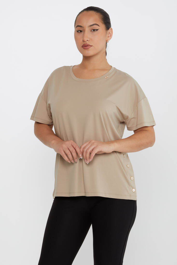 Women's Blouse Button Detailed Crew Neck Beige - 79998 | KAZEE