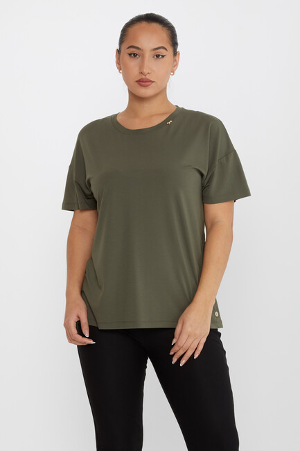 Women's Blouse Button Detailed Crew Neck Khaki - 79998 | KAZEE - Thumbnail