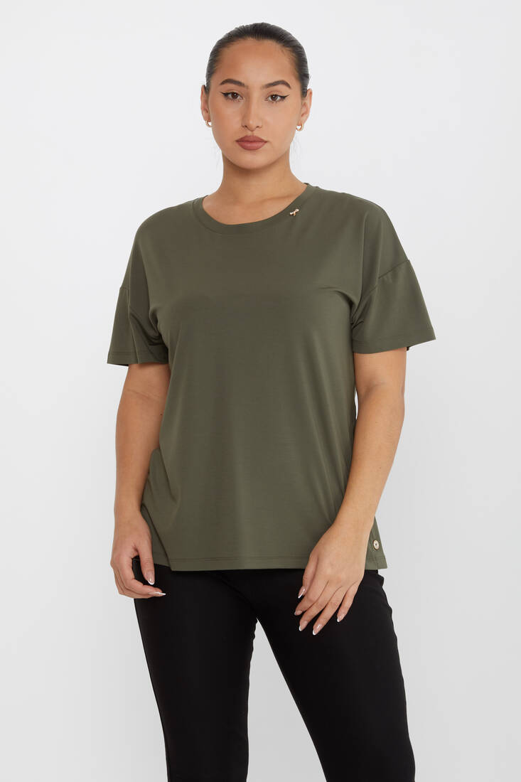 Women's Blouse Button Detailed Crew Neck Khaki - 79998 | KAZEE