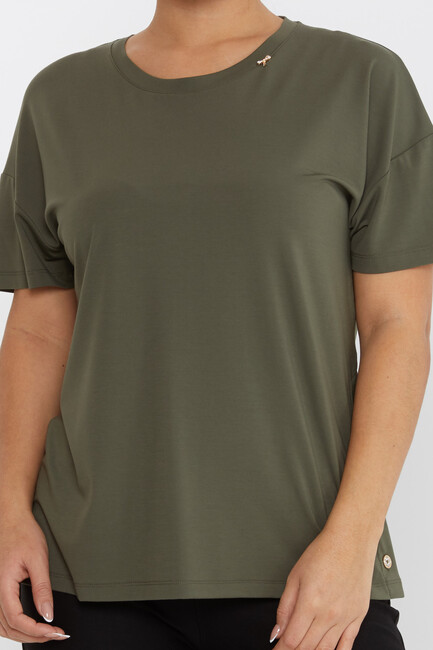 Women's Blouse Button Detailed Crew Neck Khaki - 79998 | KAZEE - Thumbnail