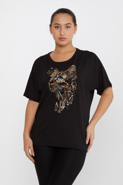 Women's Blouse Cat Stone Detail Short Sleeve Black - 79596 | KAZEE - Thumbnail