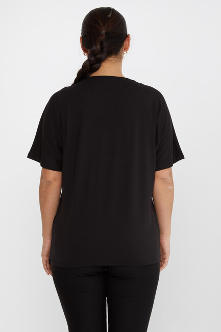 Women's Blouse Cat Stone Detail Short Sleeve Black - 79596 | KAZEE - Thumbnail