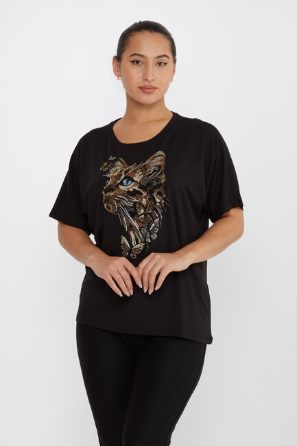 Women's Blouse Cat Stone Detail Short Sleeve Black - 79596 | KAZEE - Thumbnail