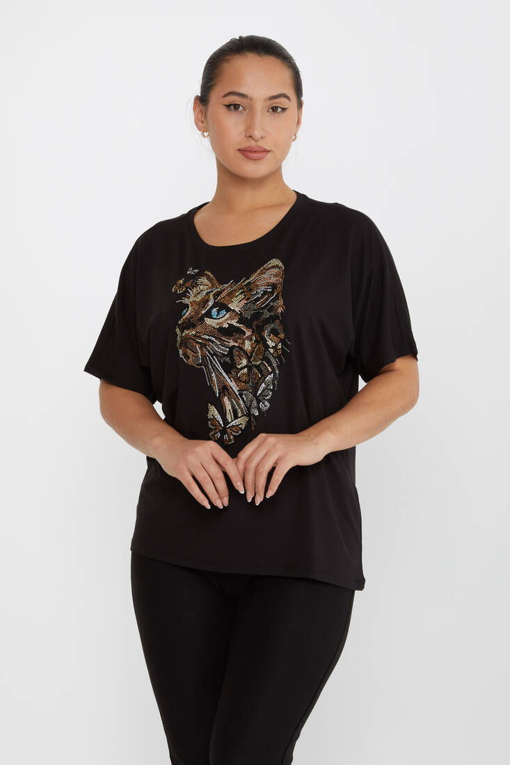 Women's Blouse Cat Stone Detail Short Sleeve Black - 79596 | KAZEE