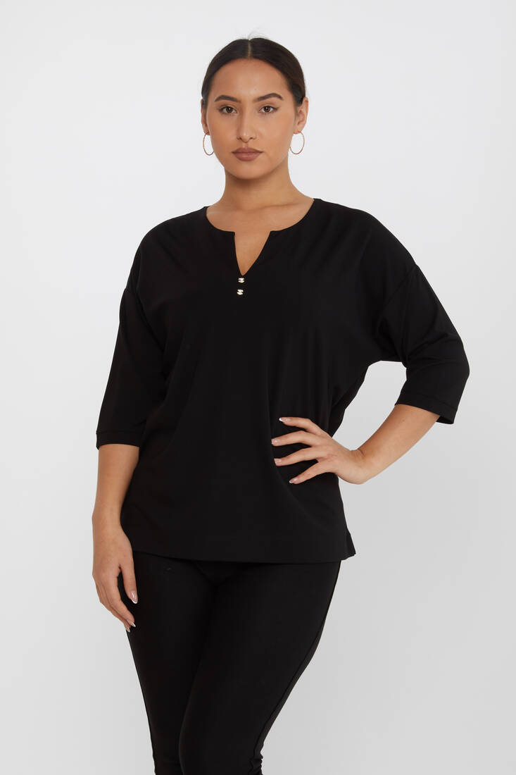 Women's Blouse Collar Detailed Stone Black - 80029 | KAZEE