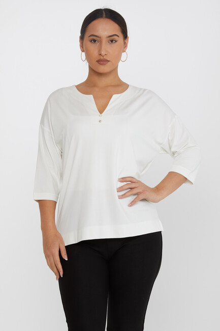 Women's Blouse Collar Detail Stoned Ecru - 80029 | KAZEE - Thumbnail