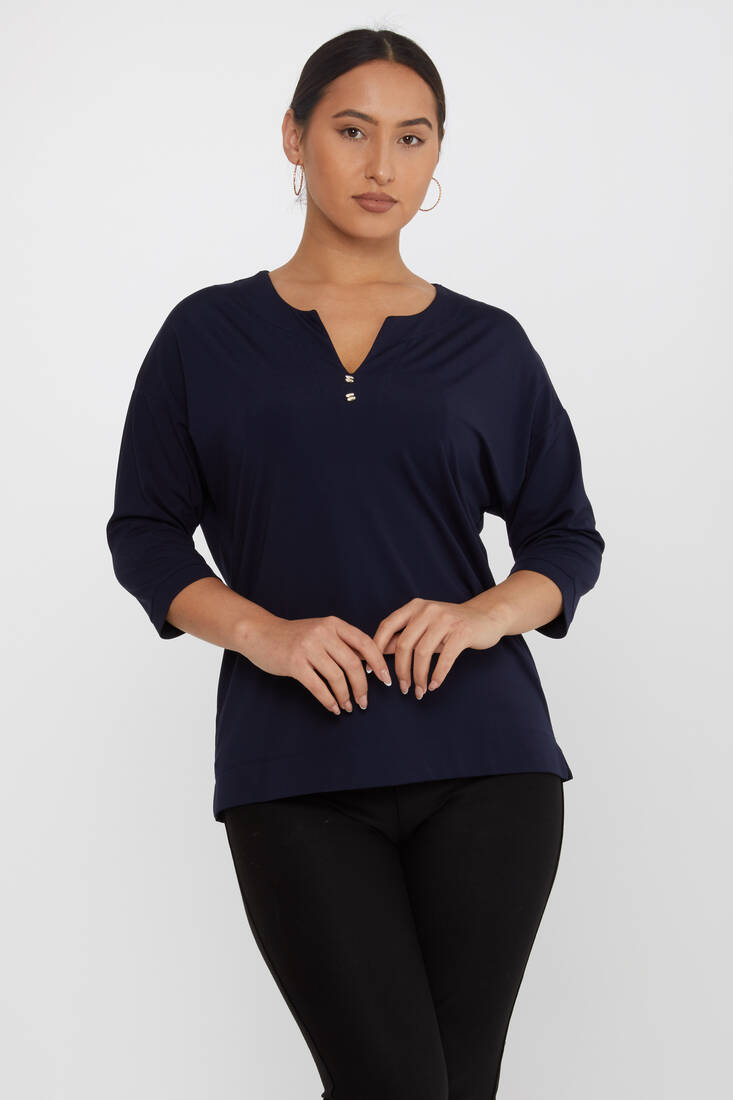 Women's Blouse Collar Detailed Stone Navy Blue - 80029 | KAZEE