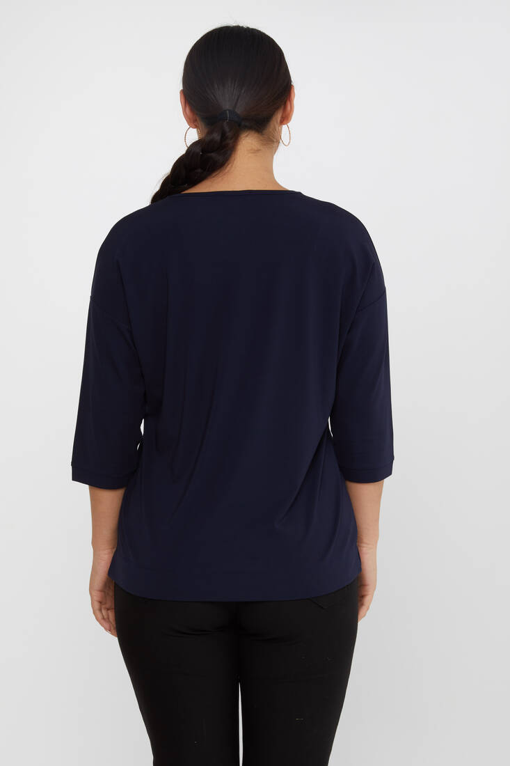 Women's Blouse Collar Detailed Stone Navy Blue - 80029 | KAZEE