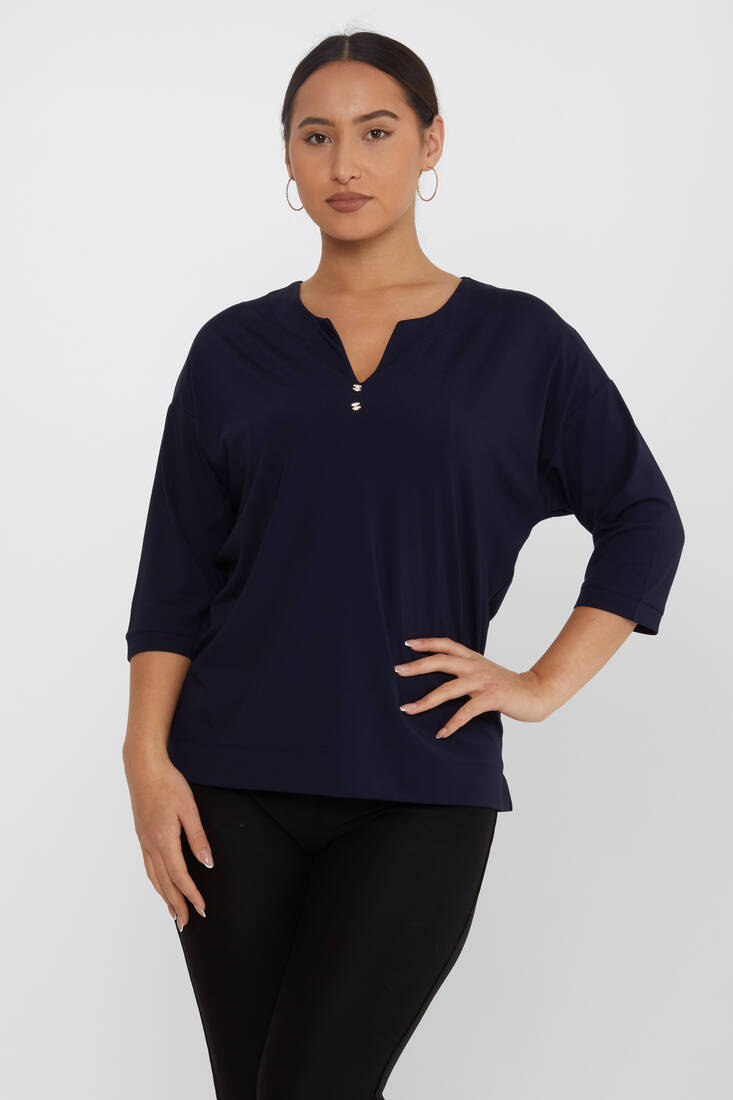 Women's Blouse Collar Detailed Stone Navy Blue - 80029 | KAZEE