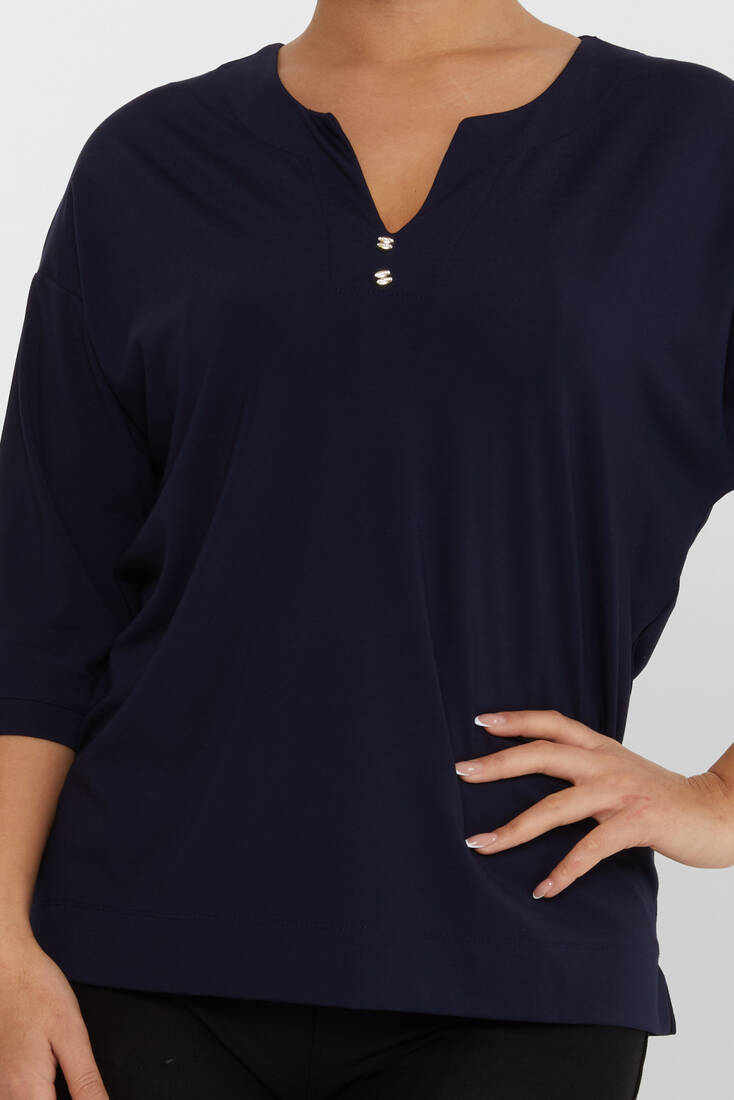 Women's Blouse Collar Detailed Stone Navy Blue - 80029 | KAZEE