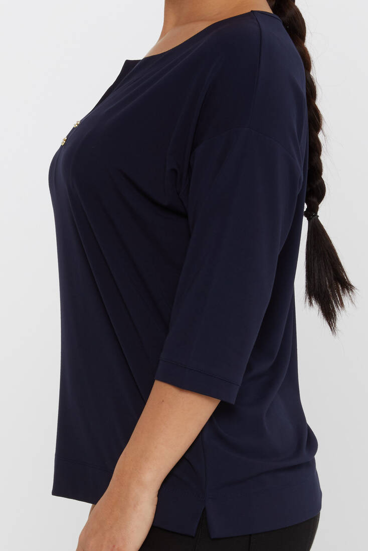 Women's Blouse Collar Detailed Stone Navy Blue - 80029 | KAZEE