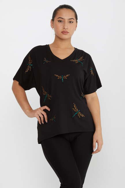 Women's Blouse Dragonfly Patterned Stone Black - 79622 | KAZEE - Thumbnail