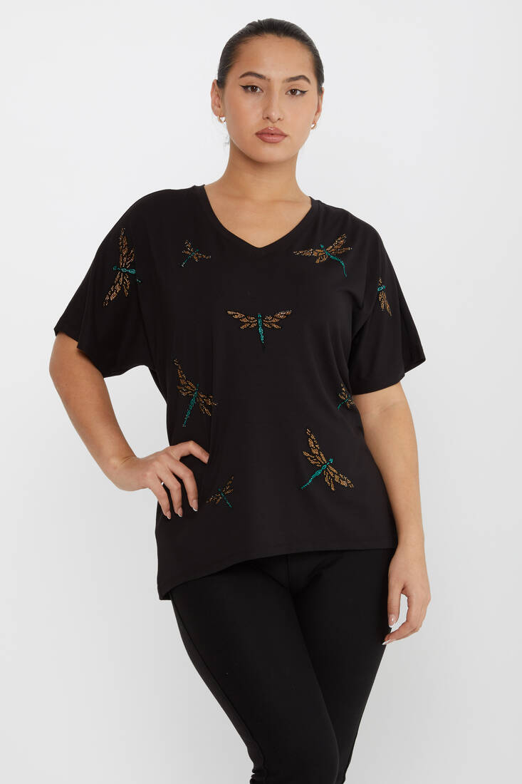 Women's Blouse Dragonfly Patterned Stone Black - 79622 | KAZEE