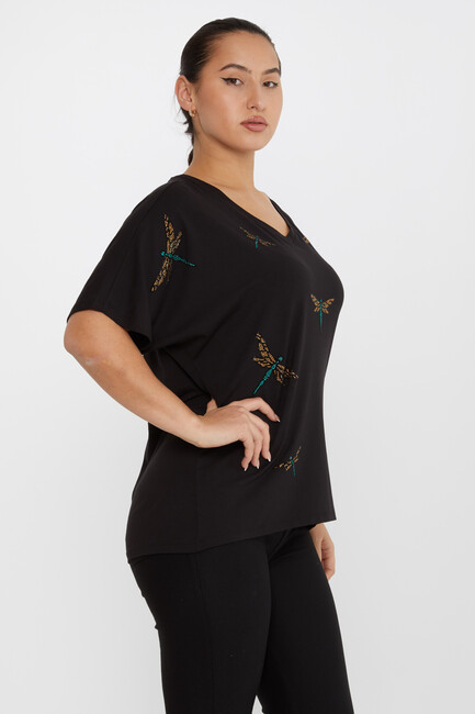 Women's Blouse Dragonfly Patterned Stone Black - 79622 | KAZEE - Thumbnail