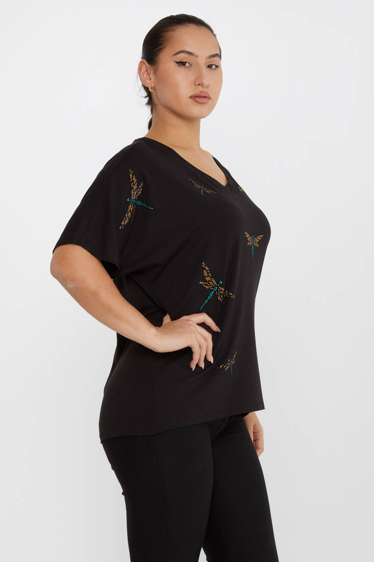 Women's Blouse Dragonfly Patterned Stone Black - 79622 | KAZEE