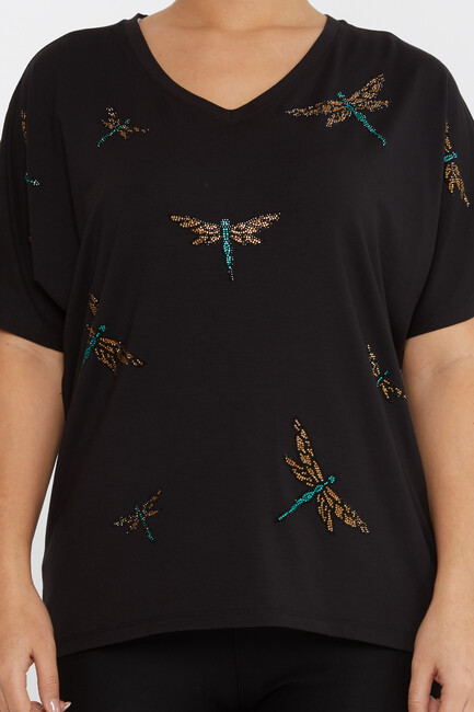 Women's Blouse Dragonfly Patterned Stone Black - 79622 | KAZEE - Thumbnail