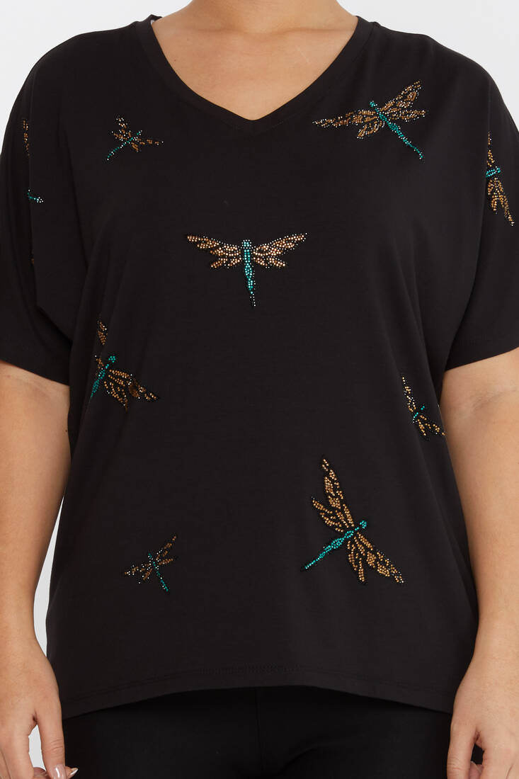 Women's Blouse Dragonfly Patterned Stone Black - 79622 | KAZEE