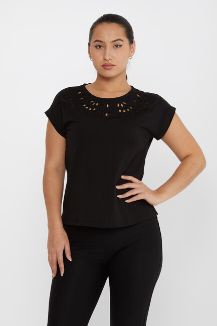 Women's Blouse Short Sleeve Embroidered Black - 79872 | KAZEE - Thumbnail