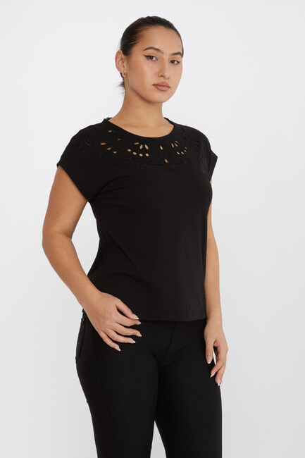 Women's Blouse Short Sleeve Embroidered Black - 79872 | KAZEE - Thumbnail