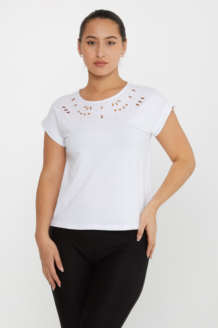 Women's Blouse Short Sleeve Embroidered Ecru - 79872 | KAZEE - Thumbnail