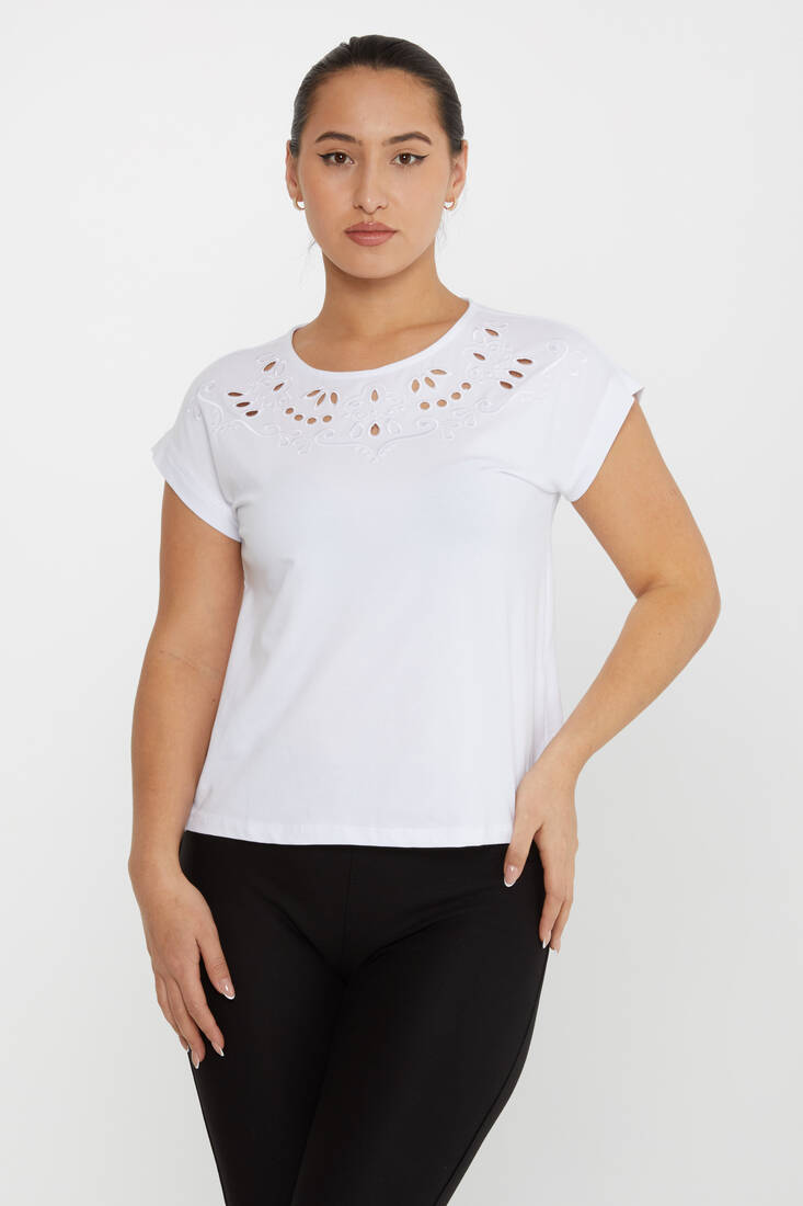 Women's Blouse Short Sleeve Embroidered Ecru - 79872 | KAZEE