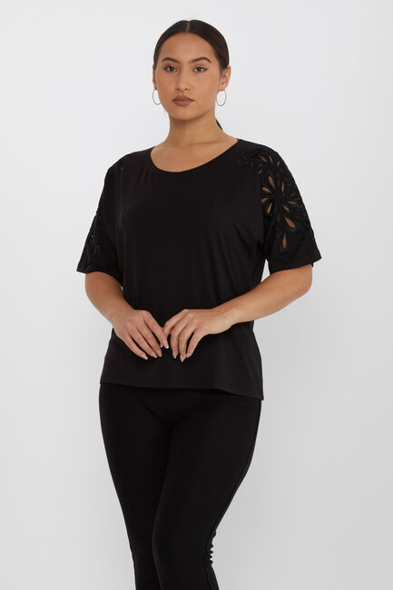 Women's Blouse Embroidered Stone Tulle Detail Black - 79916 | KAZEE - Thumbnail