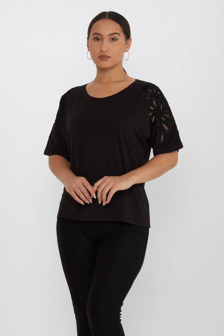 Women's Blouse Embroidered Stone Tulle Detail Black - 79916 | KAZEE